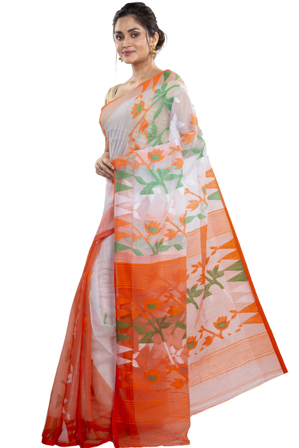 White Orange Blended Cotton Moha_Jamdani Jamdani Saree (808)